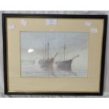 Ian Hudson: a framed watercolour, depicting moored vessels in the morning mist - signed