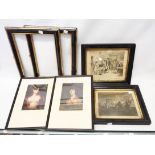 Two parcel gilt and ebonised picture frame surrounds, two coloured portrait prints and two framed
