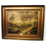 A gilt framed 19th Century English School oil on canvas, depicting a rural view with sheep on a