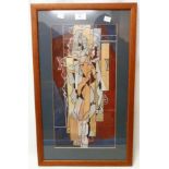 Brian Hollett: a framed mixed media abstract painting, depicting figures in oblong shaped panes -