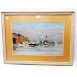 H. C. Channon: a framed pastel drawing, depicting a tug and other vessels on a waterway - signed