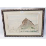 A gilt framed faded watercolour (slipped in frame) view of Montgo, Spain
