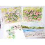 Two unframed watercolour studies of flowers - sold with other unfinished works