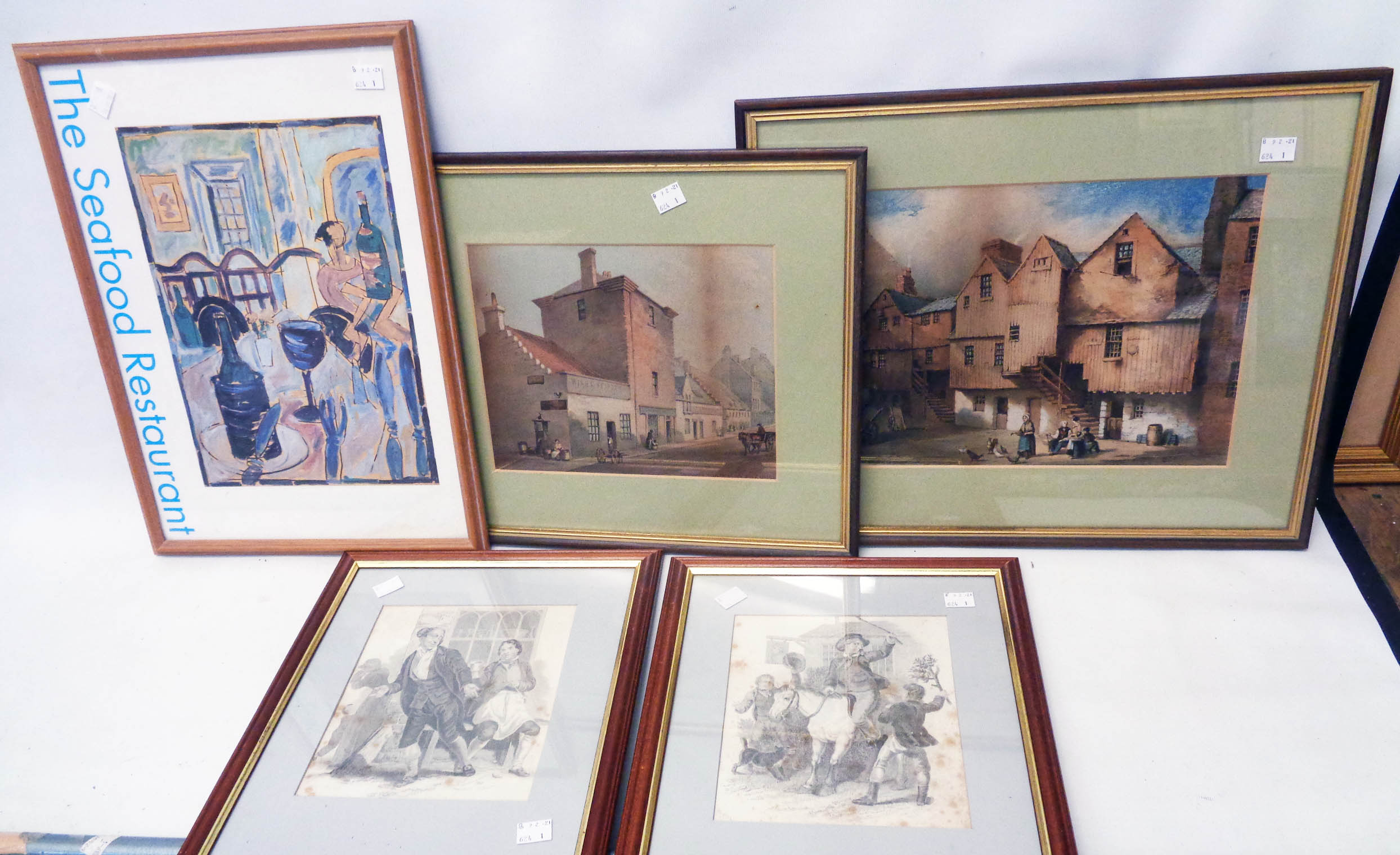 Two framed coloured prints, depicting buildings and figures, a restaurant poster and two foxed