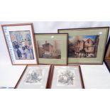 Two framed coloured prints, depicting buildings and figures, a restaurant poster and two foxed