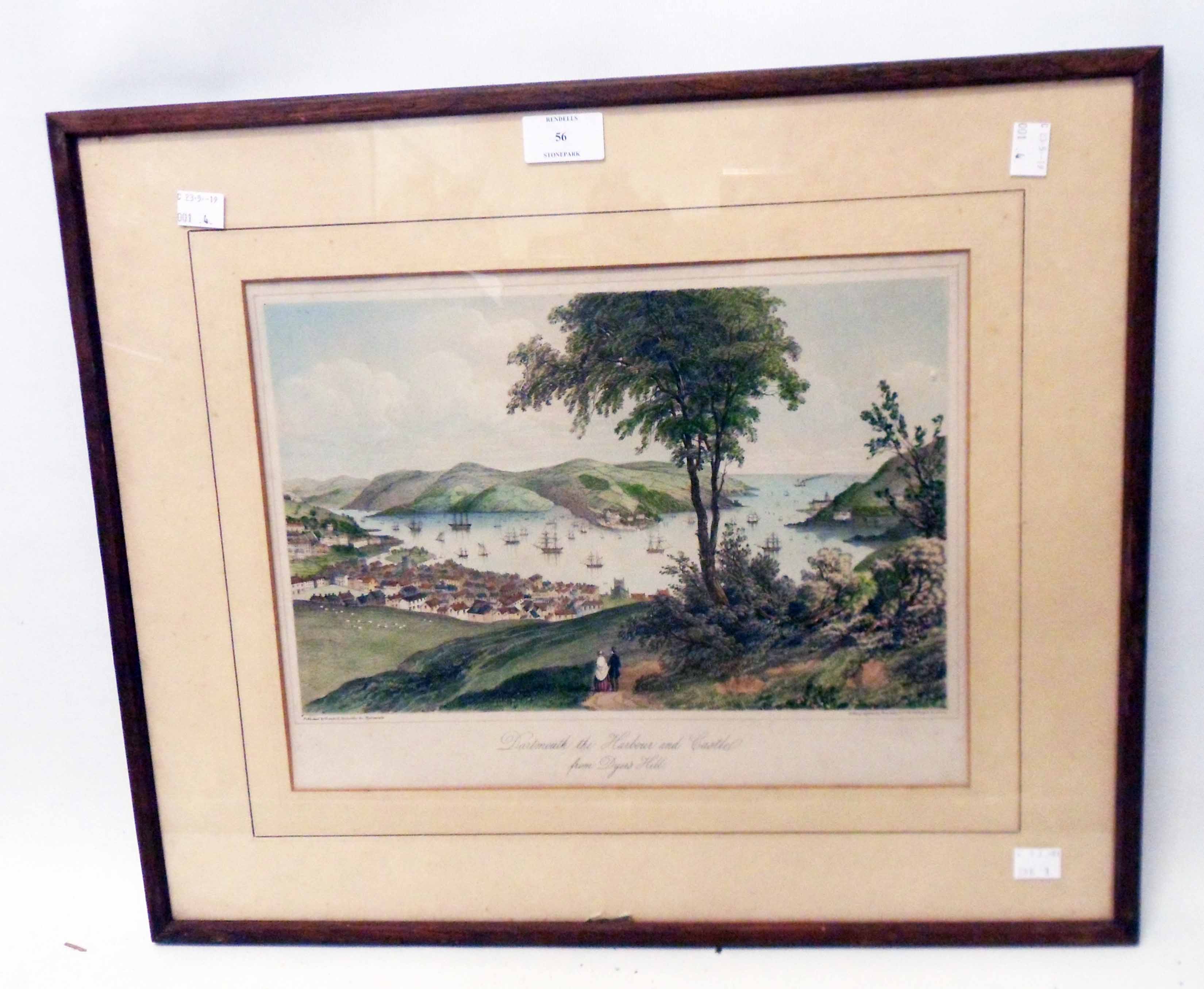 A framed antique coloured print, depicting Dartmouth castle and harbour - glass a/f