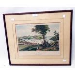 A framed antique coloured print, depicting Dartmouth castle and harbour - glass a/f