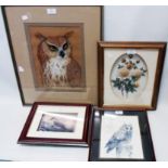 Wyn Brocklebank: a framed pastel study of an owl - sold with an owl print and two box framed 3D