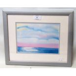 A framed coloured print, depicting a stylised sea scape