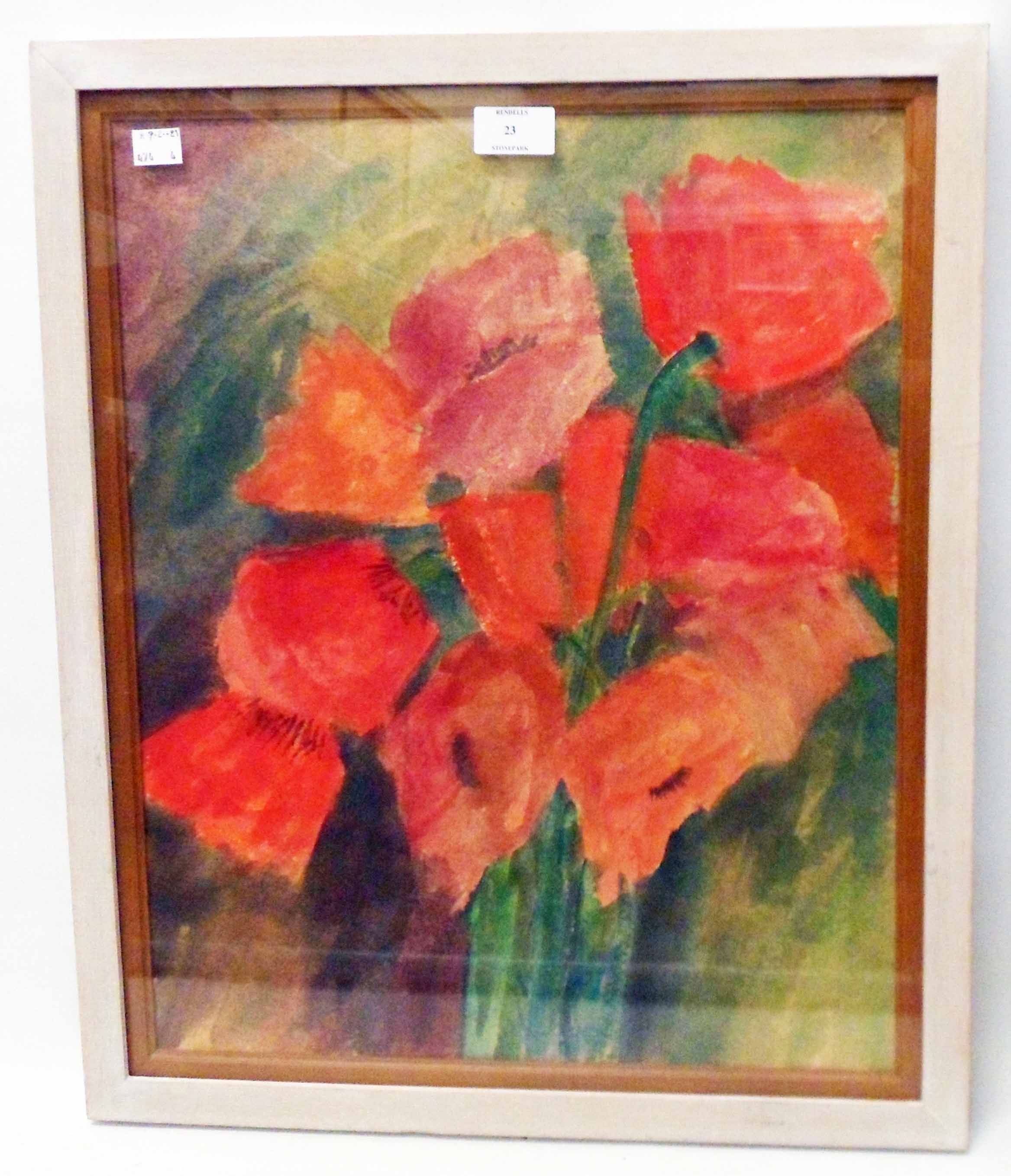 Catherine Redmayne: a framed floral study watercolour, entitled Orientals - label verso