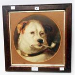 An oak framed coloured print, depicting a dog smoking a pipe