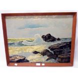 A framed vintage oil on board, depicting coastal rocks