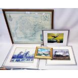 Five framed prints, including locomotive photograph, Spitfire and faded Devonshire map