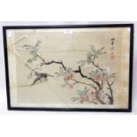 A 20th Century Chinese silk painting, depicting a bird and flowering branches - signed with seal