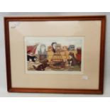 Linda Jane Smith: a framed coloured print, depicting cats around a quayside