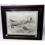 A framed monochrome print from a pencil drawing, depicting a Spitfire in flight