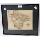 John Cary: a framed 1793 map print of Devonshire with hand coloured green border lines