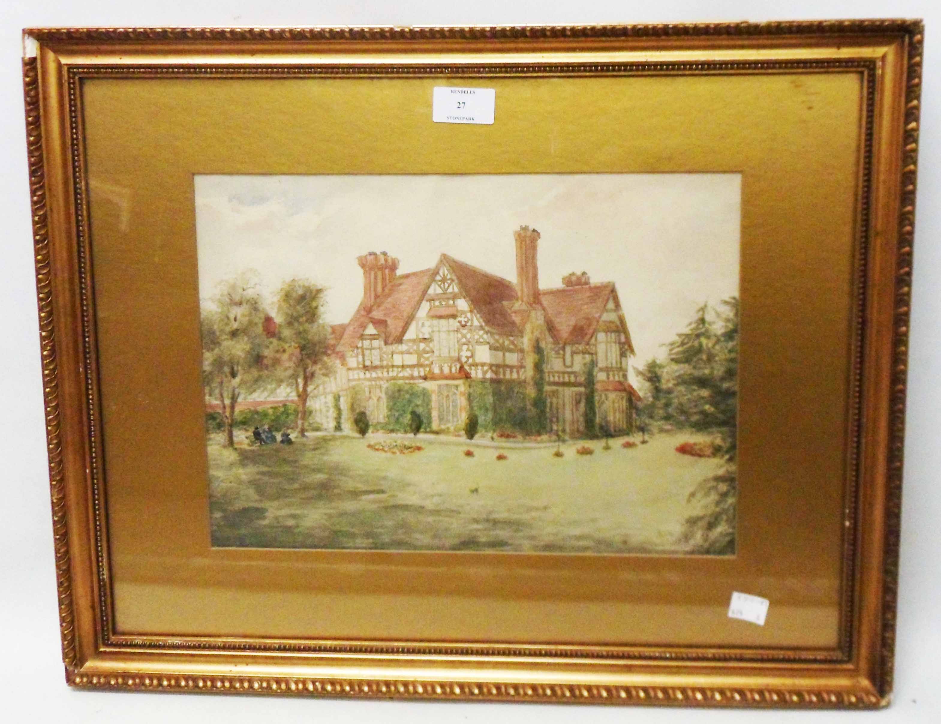 A gilt framed and slipped watercolour, depicting a Tudor style country house