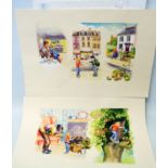 Jeanne Elizabeth: two unframed original mixed media works, depicting Jack and the Beanstalk style