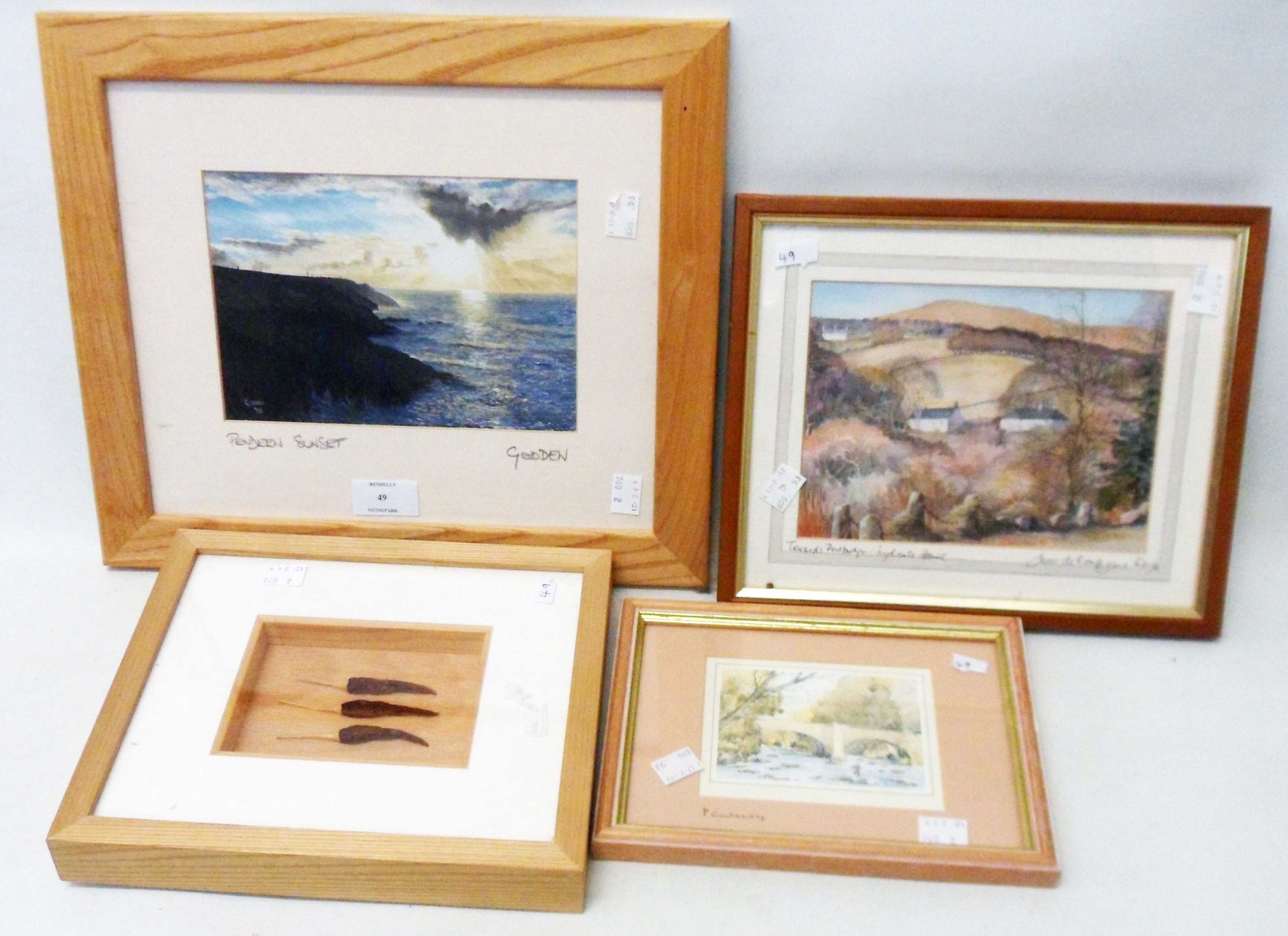 Three framed modern local view prints - signed - sold with a boxed framed display of chillies