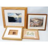 Three framed modern local view prints - signed - sold with a boxed framed display of chillies