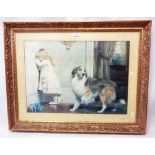 A gilt framed reproduction Pears style print, depicting a girl and a collie dog