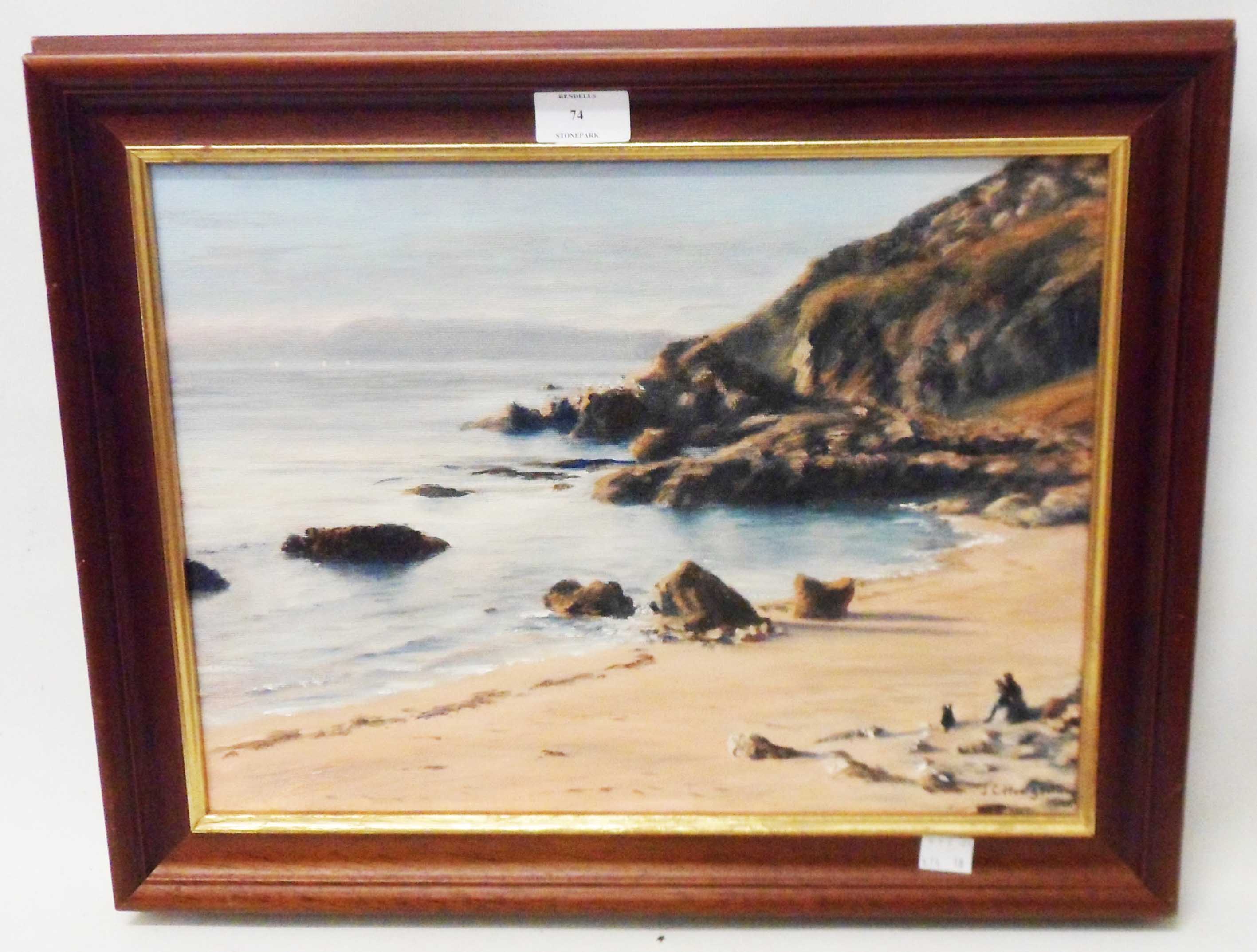 J. C. Houghton: a modern framed oil on canvas view of a Westcountry beach with rocks and figures