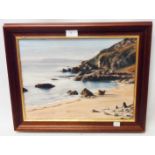 J. C. Houghton: a modern framed oil on canvas view of a Westcountry beach with rocks and figures