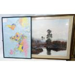 A framed large coloured print, depicting a stag in a river mountain landscape - sold with a framed
