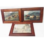 Three oak framed small format coloured prints, depicting Highland cattle and sheep