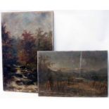 Two unframed oils on canvas, one depicting a harvest field, the other a fisherman in a woodland