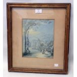 A gilt framed watercolour, depicting a figure sitting on a track with buildings on hill in