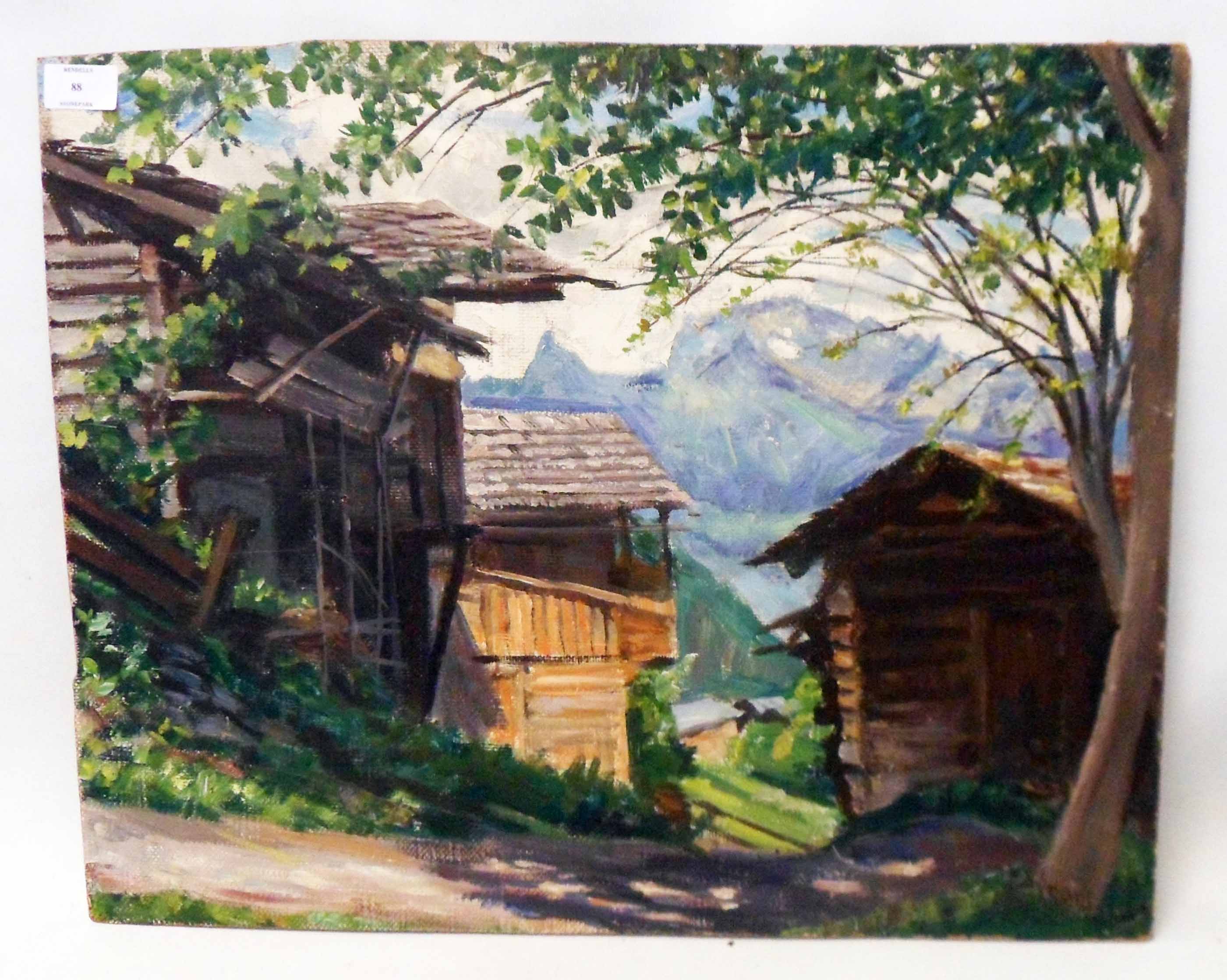 An unframed oil on board, depicting a view in Valais, Switzerland