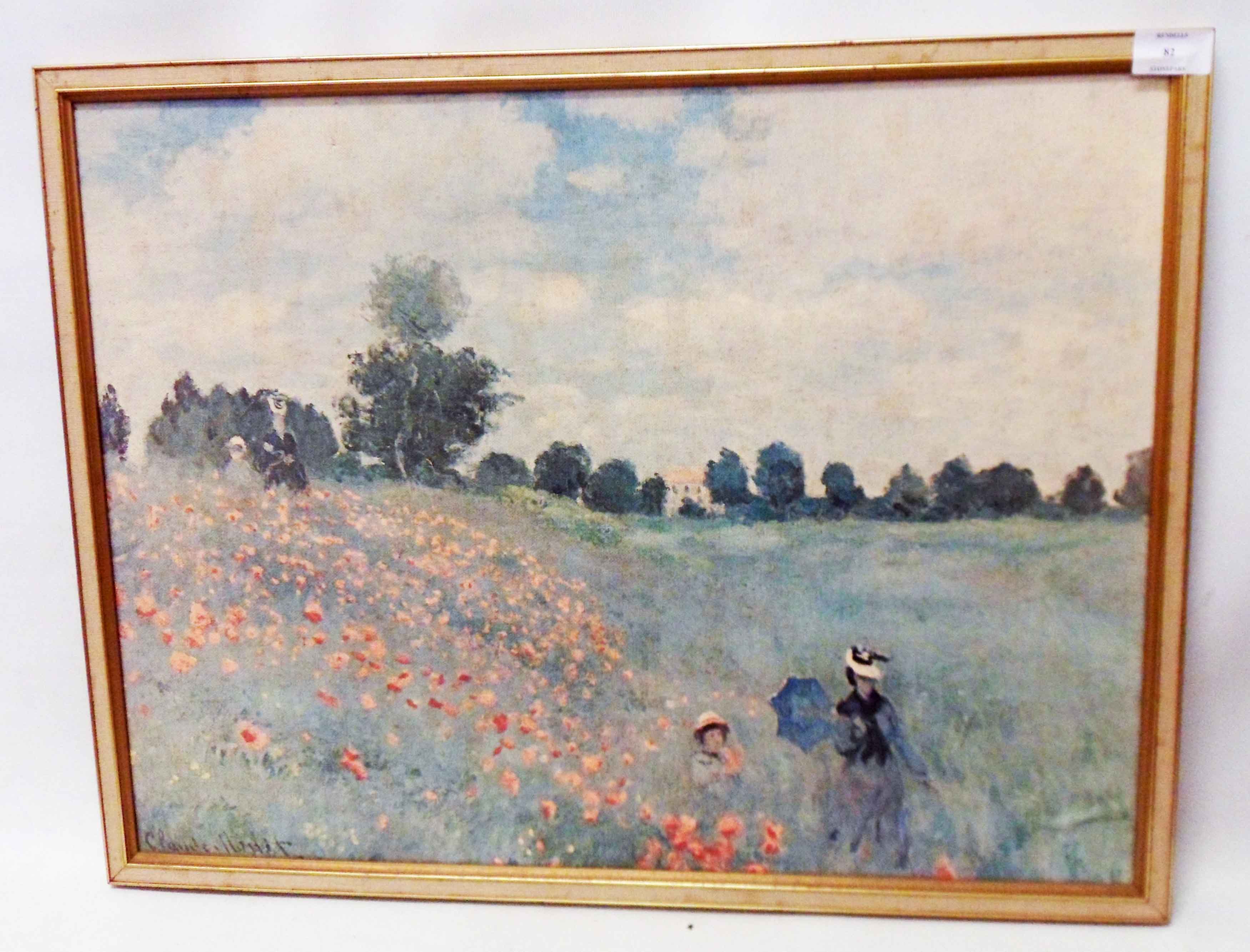 After Claude Monet: a framed print on canvas, depicting figures in a poppy field - slight canvas