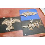 Three driftwood pictures, comprising cormorant, dolphin and ictheosaur