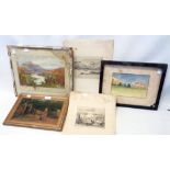 A framed oil painting, depicting a woman and stand pump - sold with a watercolour view of Digne,