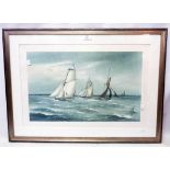 A framed coloured print, depicting sailing vessels on choppy seas