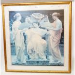 A large gilt framed faded coloured print, depicting three classical female figures