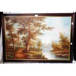 Caferie: a framed large modern oil on canvas, depicting an autumnal river landscape - signed
