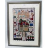 A framed modern woolwork sampler style panel with central cottage within kitchen themed border