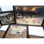 Three large framed coloured prints, depicting sheep in a winter landscape, a plowing team and