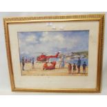 Penelope Douglas: a gilt framed coloured print, depicting an Air Ambulance incident - mould damage