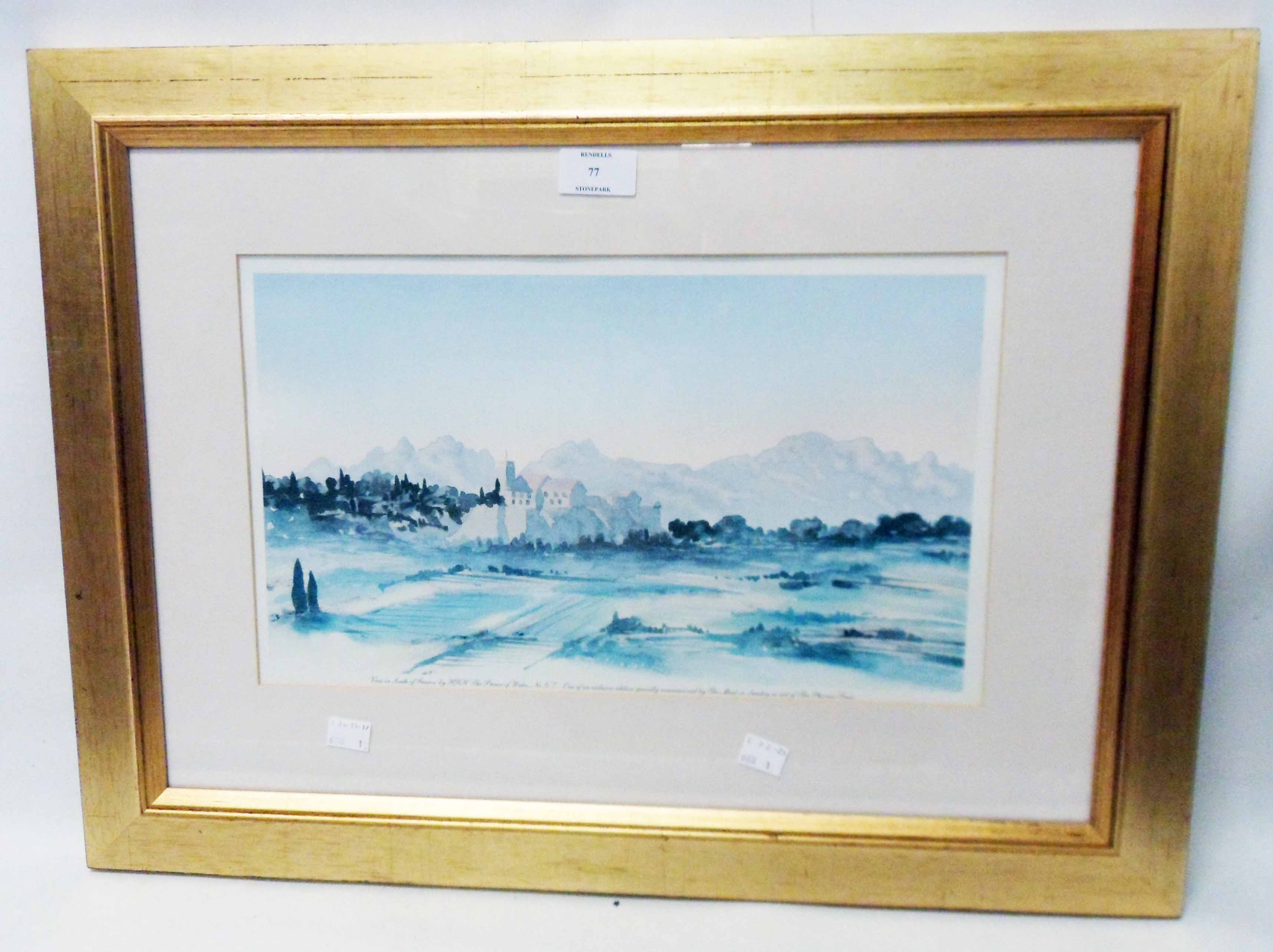 HRH The Prince of Wales: a gilt framed faded limited edition coloured print, entitled View in