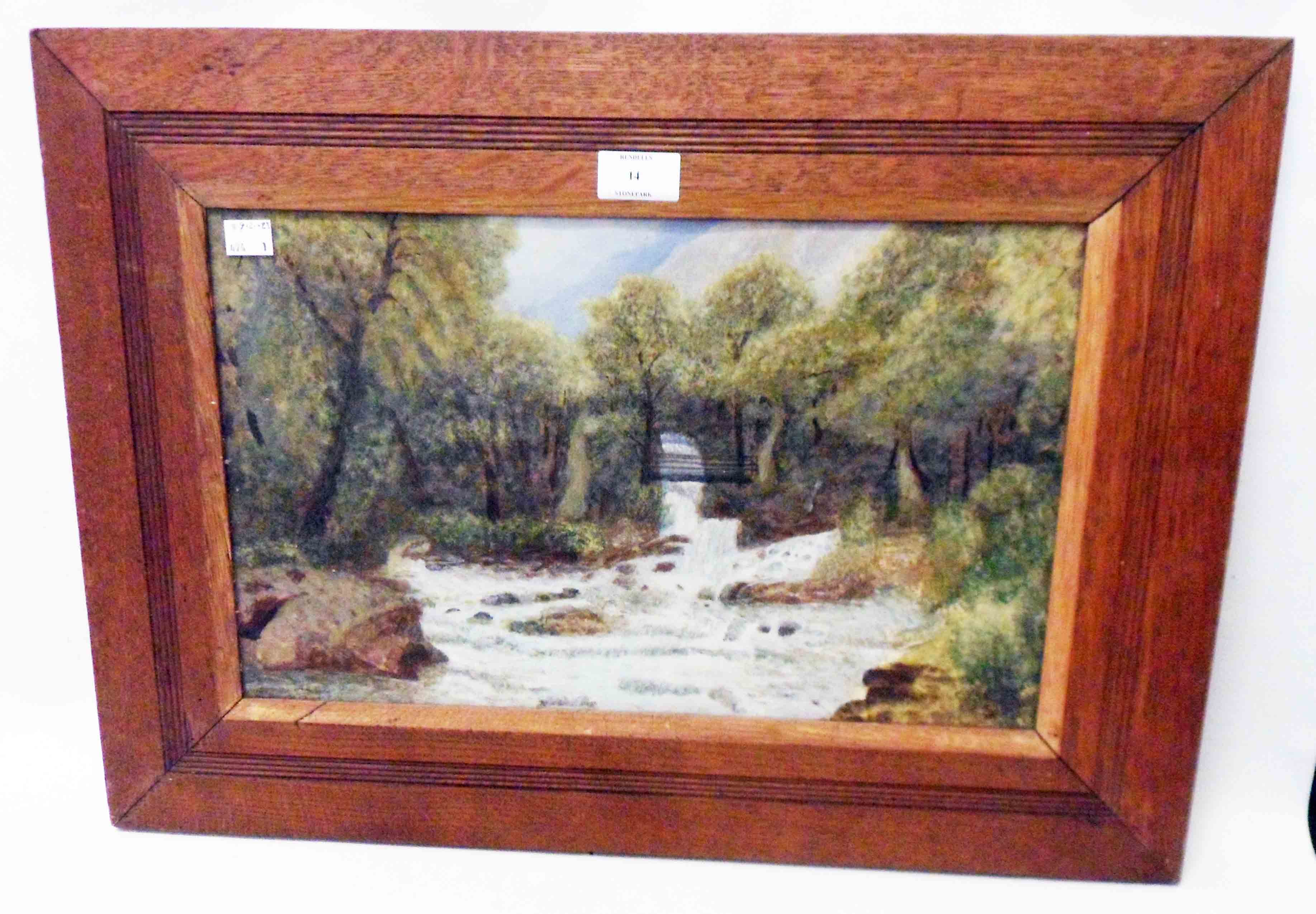 An oak framed watercolour, depicting a river landscape