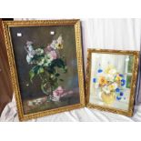 Two gilt framed paintings both still life, one with flowers in a glass vase, the other flowers in