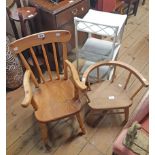 A vintage blonde wood child's bow chair and later stick back elbow chair - sold with a painted