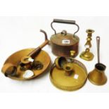 Assorted metalware including copper kettle, chambersticks, etc.