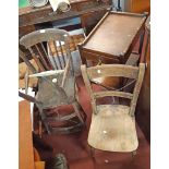 Three old kitchen chairs, with later wire reinforcements - sold with a vintage wooden tea trolley