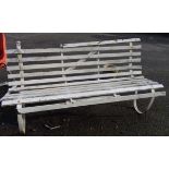 A 1.8m old painted wrought iron framed garden bench with wooden slats - for re-slatting