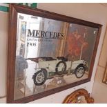 A stained wood framed reproduction Mercedes advertising mirror with image of the 1908 Edwardian